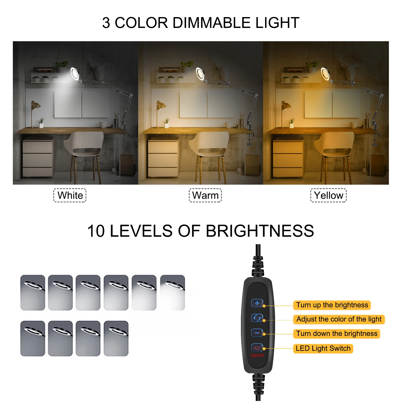 NEWACALOX-유연한 책상 대형 5X USB LED 돋보기, 3 색 조명 돋보기 램프 루페 읽기/재작업/납땜