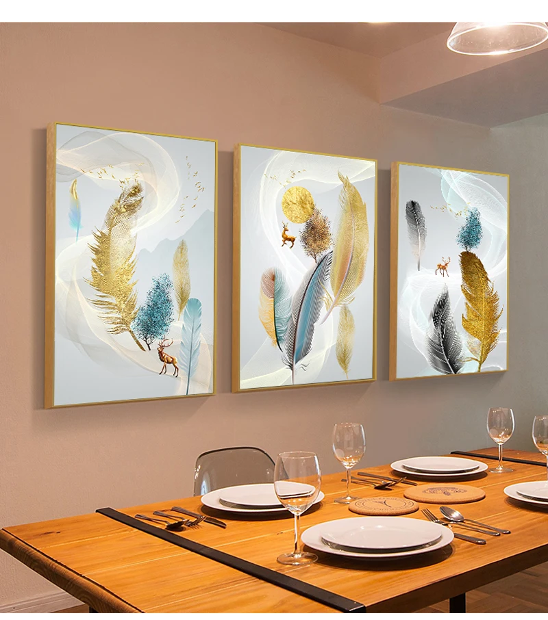 

3 Piece Nordic Style Golden Feather and Elk Pictures Modern Poster and Prints Canvas Painting Wall Art in Living Room Home Decor