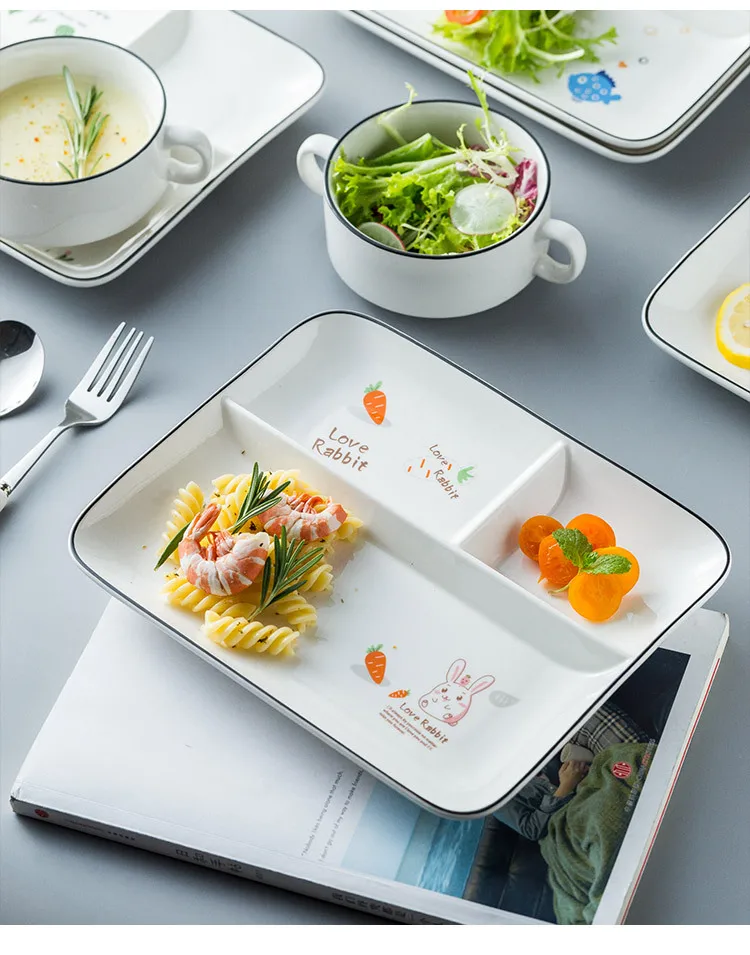 Students Eating Three-lattice Plate Children fen ge pan One Person Food Breakfast Tableware Restaurant Canteen Snack Plate Ceram