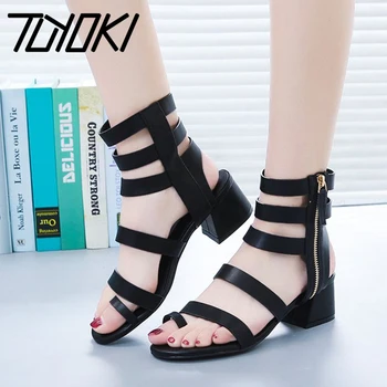 

Tuyoki Size 35-39 Women High Heel Sandals Ankle Strap Rivet Peep Toe Thick Heels Sandals Summer Office Ladies Shoes
