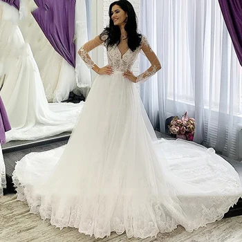 

Eightree Princess Wedding Dress Long Sleeves Lace Appliques A Line Bride Dresses 2020 V Neck Vestido De Noiva Boho Wedding Gowns