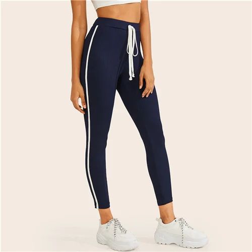Navy SweatyRocks темно-синяя лента для талии с завязками боковые леггинсы для активного отдыха женские облегающие эластичные леггинсы повседневные легинсы для легкой атлетики - Цвет: Navy