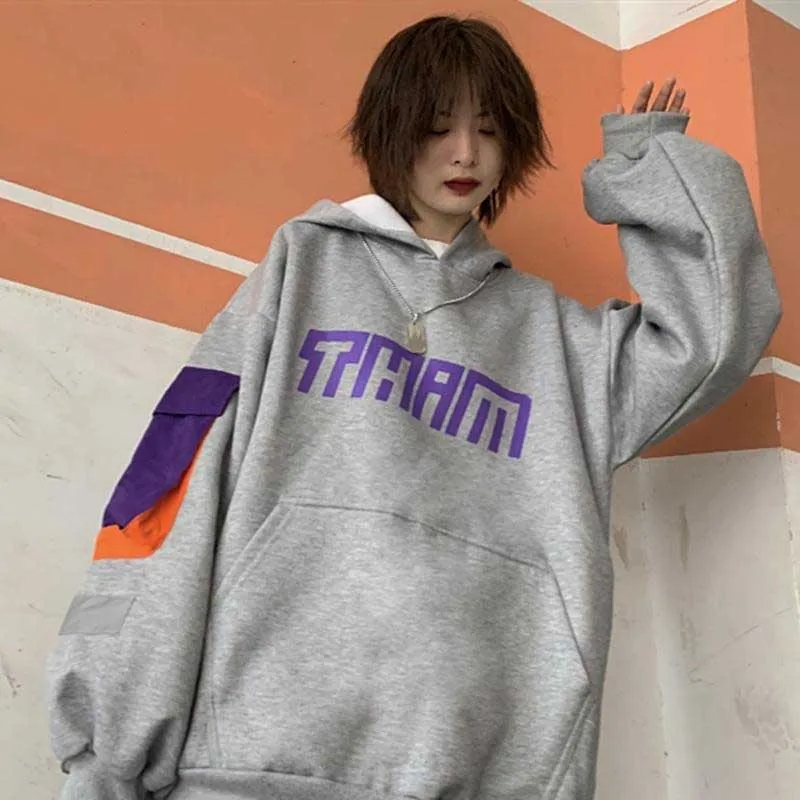 NiceMix Harajuku дизайн буквы печати большие карманы лоскутное функция карго толстовки осень зима плюс бархат с капюшоном пуловеры Sw