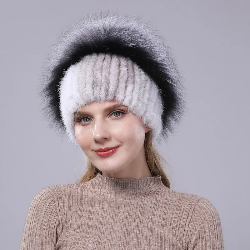 fur hat New Fashion Mink Fur Hat Lady Thick Warm Winter Grass Woven Hat Hat Ear Mink Fox Ball