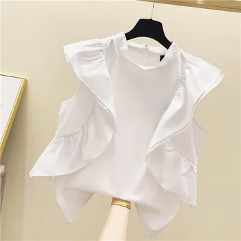 

2020 Summer New White Sleeveless Shirt Women Wild Cotton Solid Color Ladies Blouses and Tops Stand Collar Fashion Women Clothing