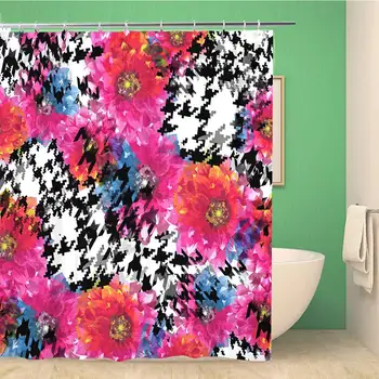 

Bathroom Shower Curtain Colorful Abstract Houndstooth Flowers Floral Pattern Watercolor Effect Polyester Fabric 72x72 inches