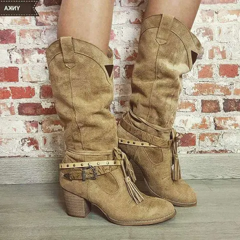 

2019 New Ankle Strap Women Boots Female Winter Shoes Flock Ladies Boots Slide On Mid Calf Boots Square Heel Retro Female Shoes