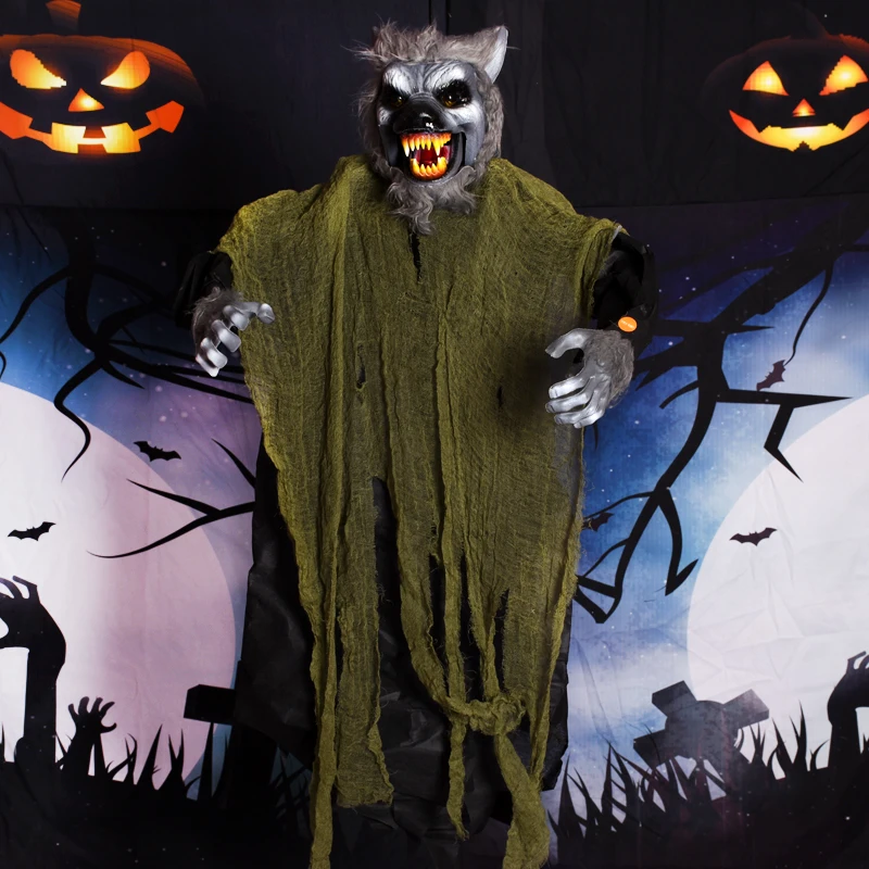 Horror Tricky Props Wolf Head Big Hanging Ghost Halloween Decoration Voice Control Switch Witch Zombie Haunted House Pendant | Дом и сад