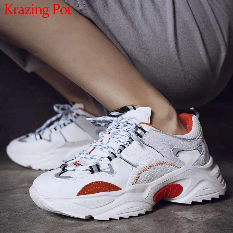 Krazing Pot/белые кроссовки из натуральной кожи на толстой подошве, смешанные цвета, круглый носок, шнуровка, толстая подошва, роскошные вулканизированные туфли L82