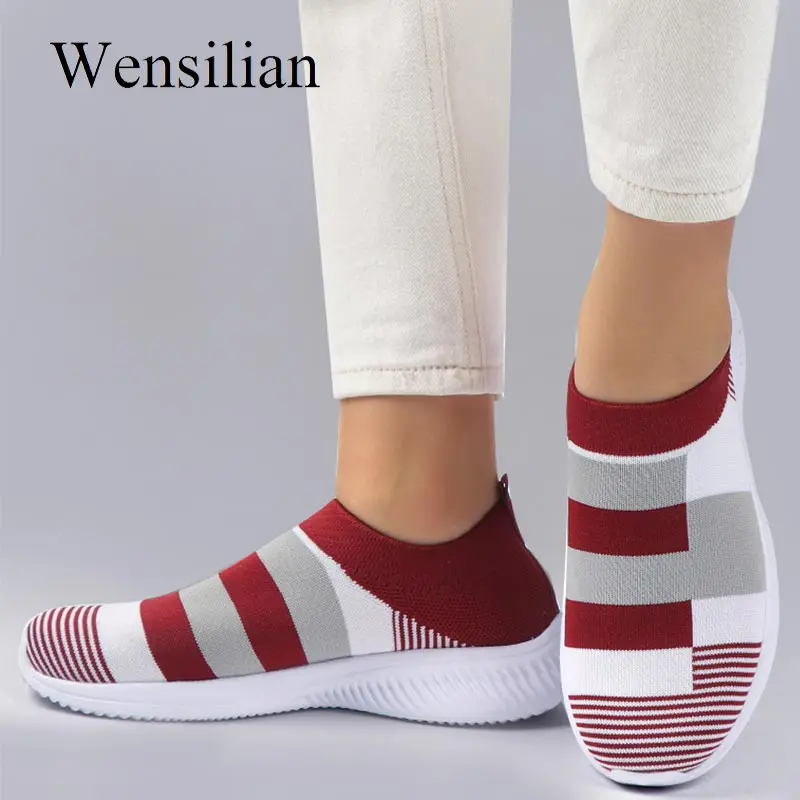 

Knitted Women Sneakers Casual Platform Shoes Summer Vulcanize Shoes Striped Slip on Sock Sneakers Tenis Feminino Zapatos Mujer
