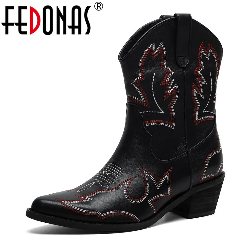 

FEDONAS Women Fashion Mid-calf Boots Pointed Toe Print Winter Warm Western Boots High Heeled Genuine Leather Casual Shoes Woman