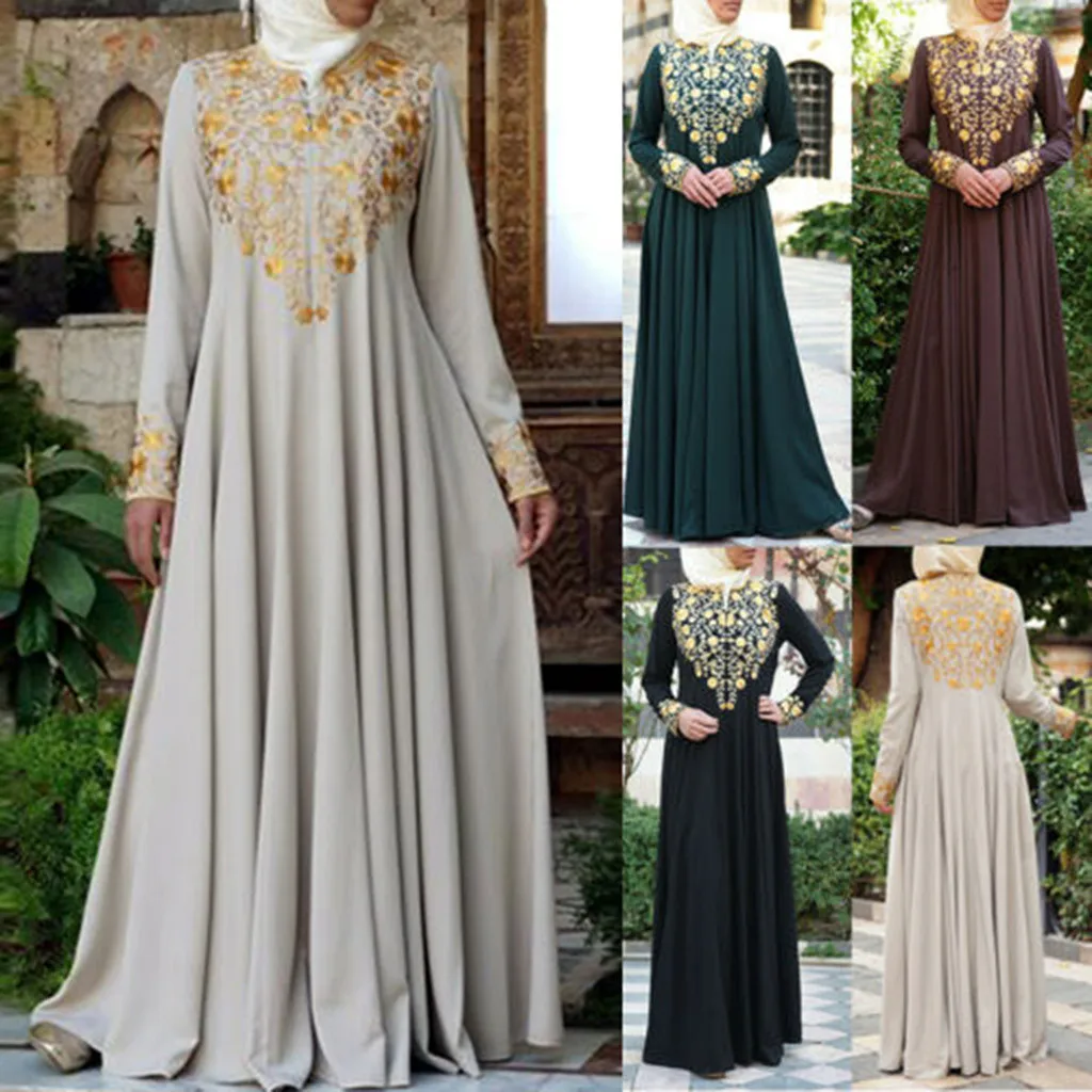 

Women Muslim Ramadan Maxi Long Dress Dubai Abaya Robe Islam Kaftan Print Long Sleeve For Qatar UAE Oman Robe Islamic Clothing#G1