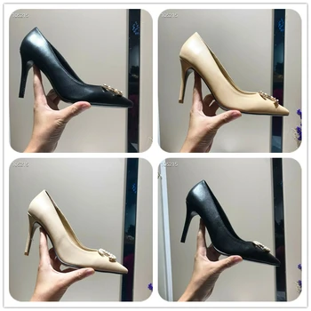 

High quality Classic Genuine leather Gem buckle Embossing pearl comfortable rubber outsole pointed 9cm heels Pumps size 35-40