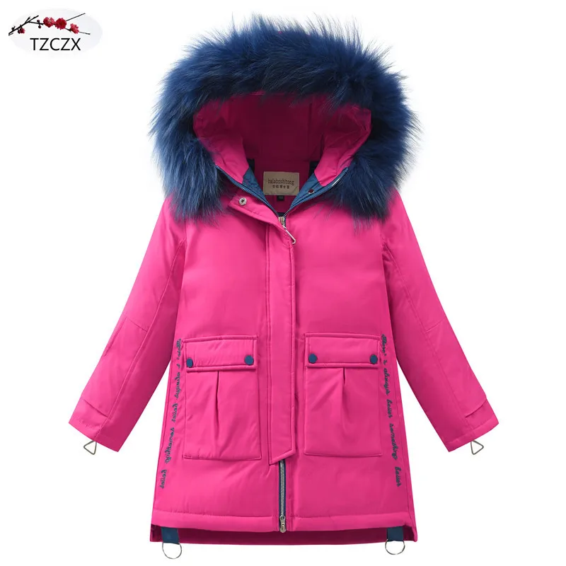 Зимние детские пуховики с капюшоном; модная однотонная пуховая верхняя одежда с меховым воротником для девочек; детская куртка; пальто - Цвет: Pink