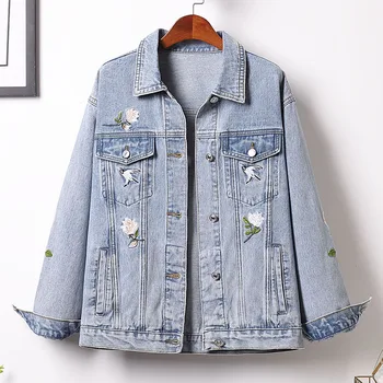 

Plus Size Boyfriend Loose Ripped Floral Embroidery Women Denim Jackets Oversized 3Xl 4Xl 5Xl Spring Streetwear Jeans denim Coat