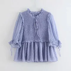 Лаванда Увядшие blusas mujer de moda Англия консервативный простой горошек печать Марля Лоскутная рубашка-кимоно блузки женские топы и блузки - Цвет: Лаванда