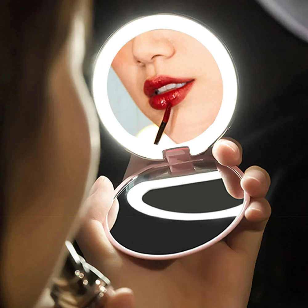 Компактный светодиодный фонарь с подсветкой для макияжа, маленький круглый карманный дорожный Mirror-3x, увеличительное портативное зеркало с клапаном