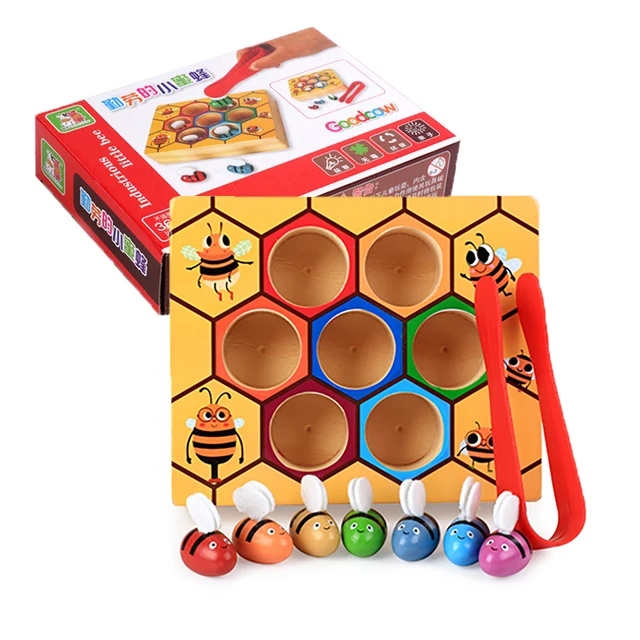 Hot Wooden Leaning Educatinal Toys Children Montessori Early Education Beehive Game Childhood Color Cognitive Clip Small Bee Toy With Gift Box