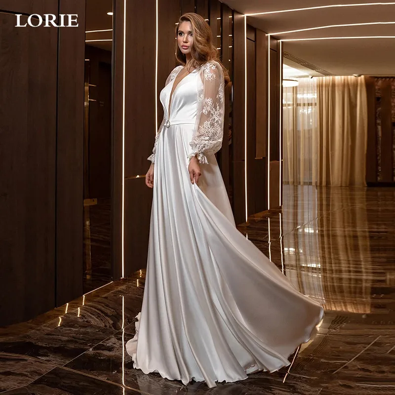 

LORIE атласное свадебное платье А-силуэта с пышными рукавами и цветочной аппликацией кружевные современные свадебные платья с открытой спиной длинное свадебное платье 2021