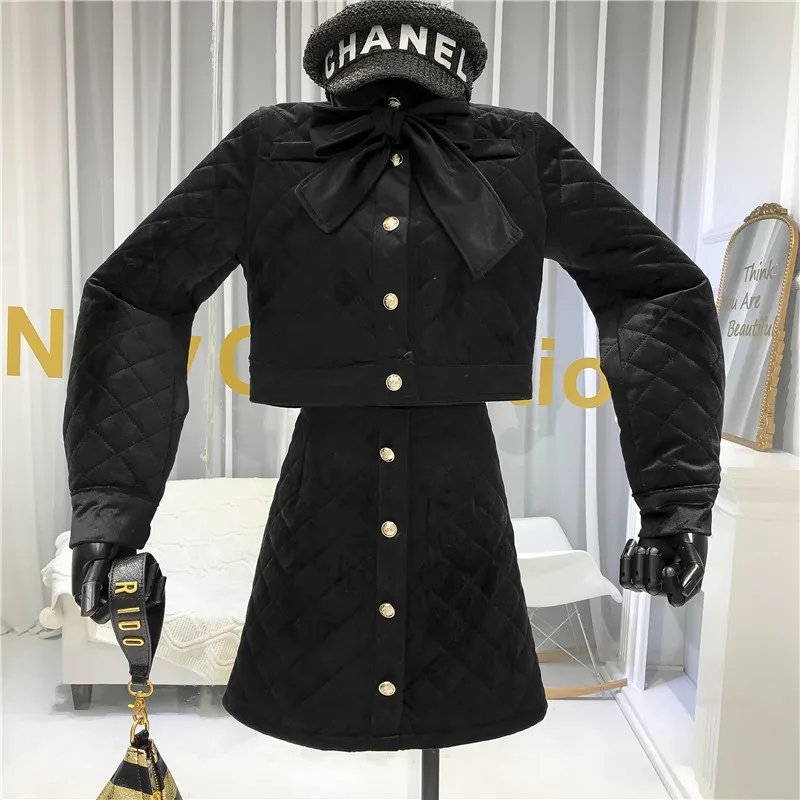 ALPHALMODA женский Зимний Элегантный мягкий костюм с юбкой воротник-бант с длинным рукавом короткое пальто трапециевидная юбка Модный комплект из 2 предметов
