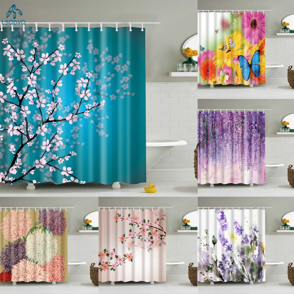 Shower Curtains Lavender Waterproof Hooks Frabic Lotus Rose Blossom 3D Polyester