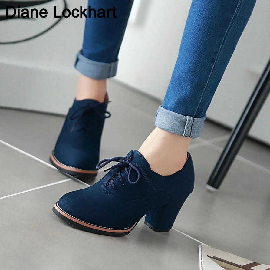 Zapatos de alto con cordones para mujer, calzado de tacón cuadrado, redonda, británico, Oxford, color azul, 32|Zapatos de tacón de mujer| - AliExpress