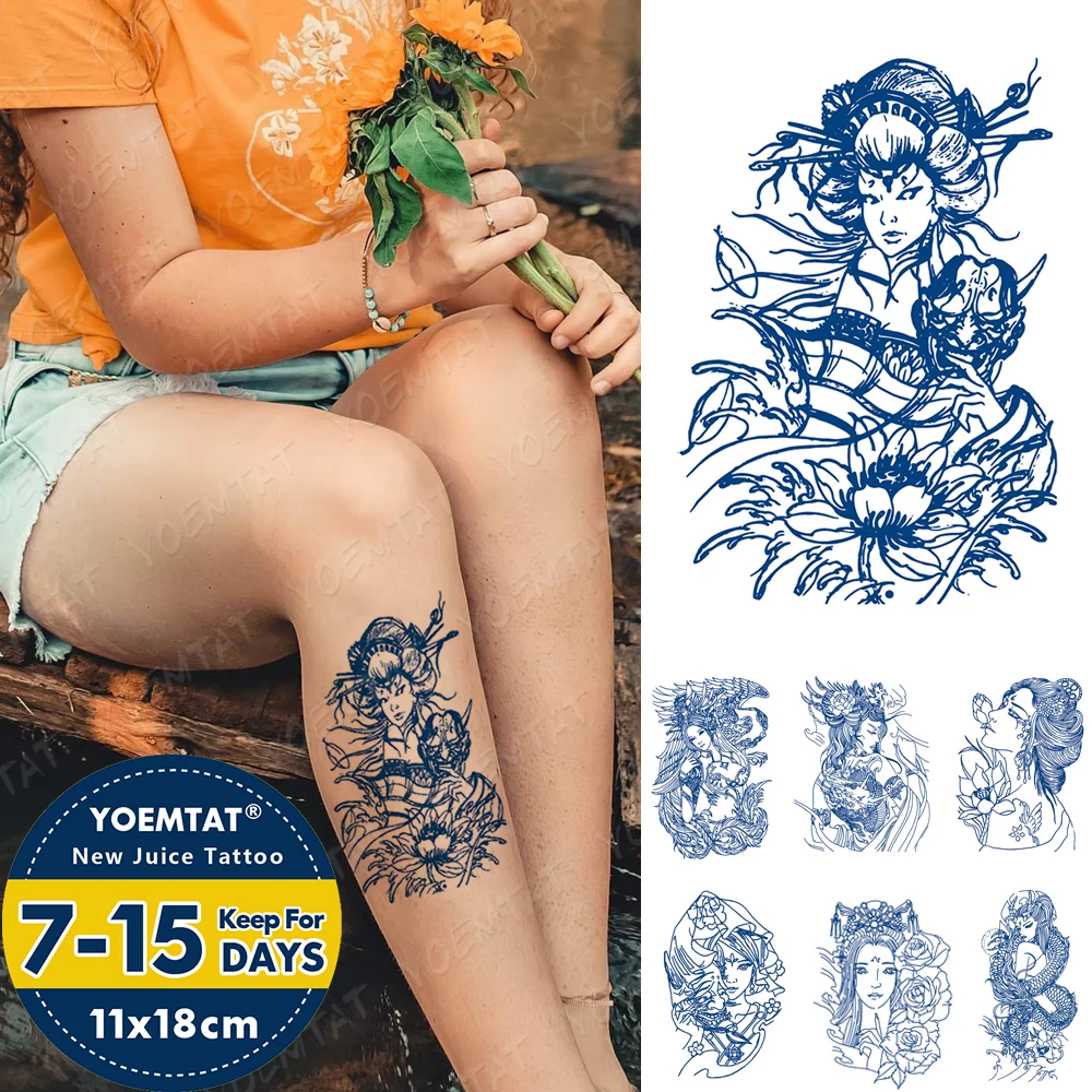 Juice Ink Lasting Waterproof Temporary Tattoo Sticker Geisha Lotus Totem Prajna Flash Tattoos Woman Arm Body Art Fake Tatto Male