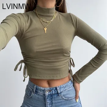 

LVINMW Sexy Mock Neck Long Sleeve Lace Up Pleated Crop Top Solid Daily Simple Basic Fashion Woman thsirts Autumn T Shirt Street