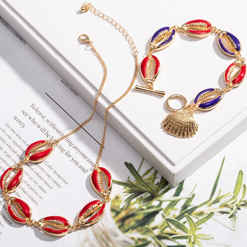 

2019 Hot Alloy Shell Jewelry Necklace Bracelet Set for Women Delicate Gold Color Shell Colorful Summer Handmade BOHO Beach Gift