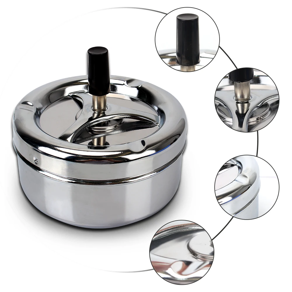 Cigarettes Ashtray Spinning Plain Ashtray Stainless Steel For Home Office Hotel Press Rotating Lid Stainless Steel Ashtray Metal Ashtray