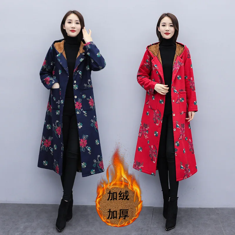 

2019 Winter New Style Large Size Dress National Wind Cotton Linen Printed Mid-length Brushed And Thick Hooded Trench Coat