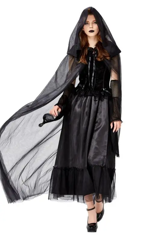 Gothic Black Ghost Bride Dress Adult Vampire Cloak and Dress Halloween Costume