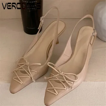 

VERCONAS Woman Sandals Genuine Leather Woman Pumps Summer Cross-Tied Butterfly Knot Pointed Toe Thin High Heeled Shoes Woman