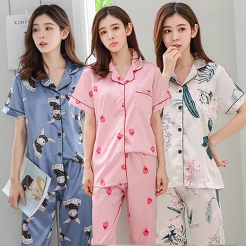 

Silk Satin Print Pajamas Sets for Women Summer Short Sleeve Long Pants Sleepwear Pyjama Loungewear Homewear Pijama Mujer Clothes