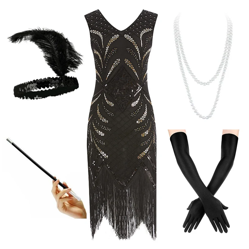 Günstige Frauen Flapper Kleider Plus Größe Vintage 1920s Gatsby Inspiriert Kleid Mit Fransen Pailletten Perlen für für Party Prom