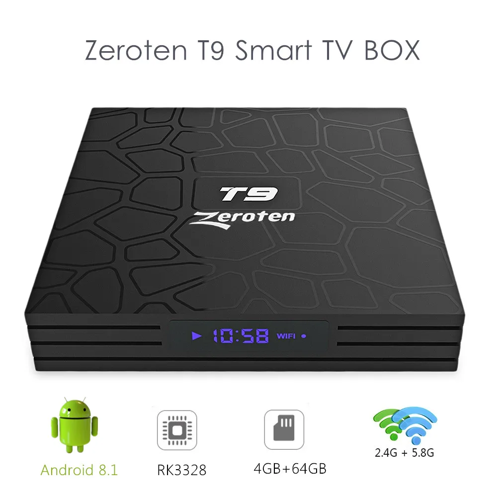 

Zeroten T9 Smart TV Box Android 8.1 RK3328 Quad Core 4GB DDR3 64GB ROM 4K HD Set Top Box BT4.1 2.4/5.8GHz WiFi Media Player