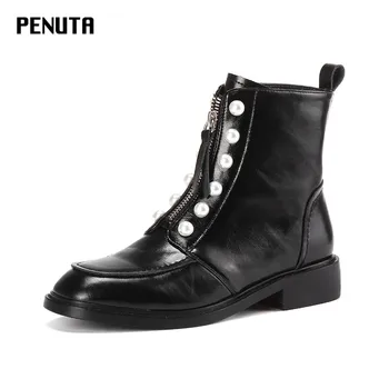 

PENUTA Genuine Leather Ankle Boots For Women Zip Up Ladies Pearl Boots Low Heel Fashion Designer Ladies Short Boots Black D0099