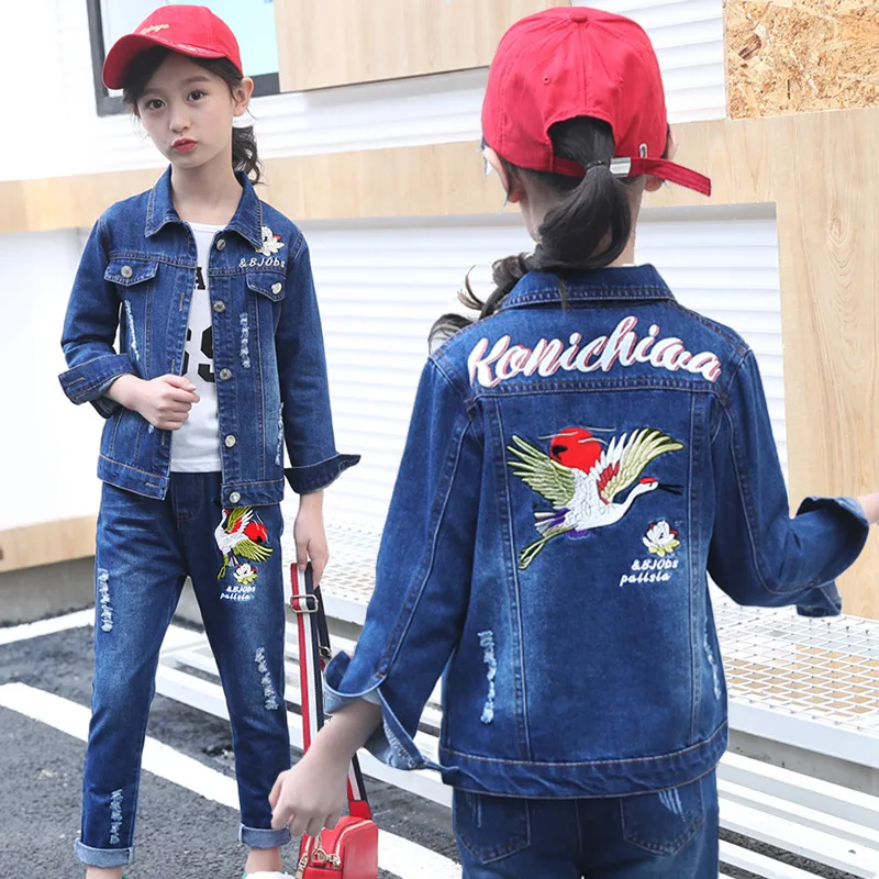 Autumn Girls Denim Pants Embroidered Crane Outfits Girls Autumn Spring 3Pcs Denim Jacket + Jeans Clothing Set