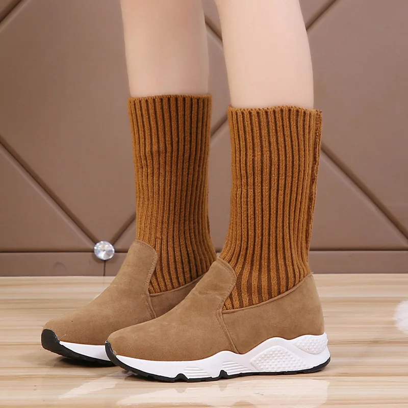 

MCCKLE Women Winter knitted Socks Ankle Boots Woman Shoes Women's Plush Platform Female Two Wear Boots Fashion Ladies Footwear