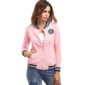 

Women Baseball Jackets Zipper Striped Sweatshirt Full Sleeve Stand Collar Slim Girl Bomber Jacket With Pockets Autumn Tops Coat
