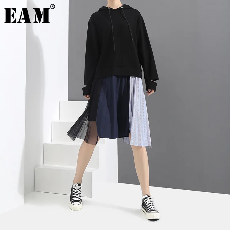 

[EAM] Women Hem Mesh Pleated Split Joint Temperament Dress New Hooded Long Sleeve Loose Fit Fashion Spring Autumn 2019 1D760