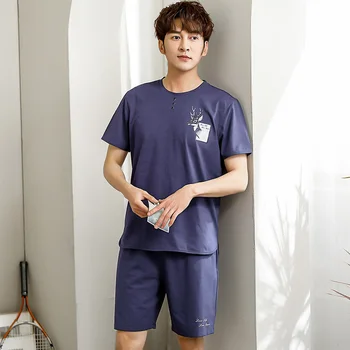 

Men's sleepwear summer SHORT sleeve T-shirt and shorts for home wear soft cotton sport 2 pcs pajama set suit