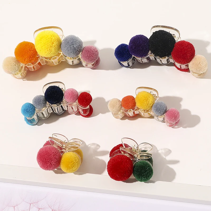 

Pompom Barrettes Hair Claws Champagne Hair Accessories Colorful Fur Balls Large Small Size Hairpins Handmade Hair Clip