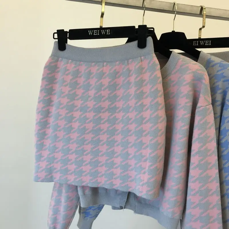 ALPHALMODA/женские кардиганы и юбки, модный вязаный комплект из 2 предметов с рисунком «гусиная лапка», свитер с длинными рукавами, мини-юбка, комплект из 2 предметов