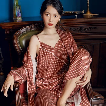 

Autumn Winter Fashion Polka Dot Print Silk Sleep Wear Sexy Sling Lace-up Top Pants Set Nightwear Loose Cardigan Home Nightrobe