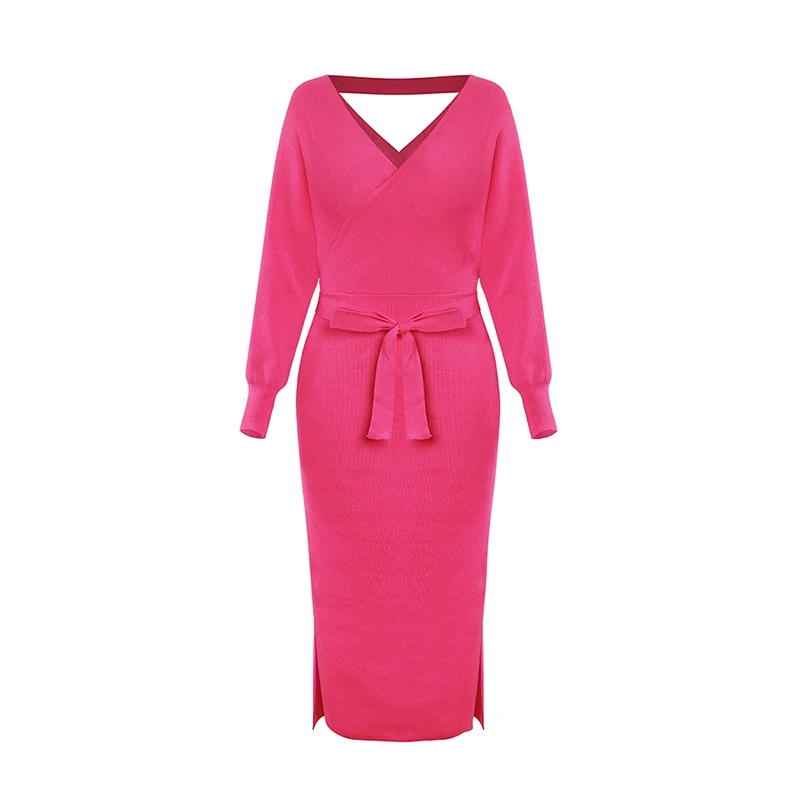 Rose red dress Осеннее трикотажное платье-свитер с открытыми плечами женские свитера пуловер Gebreide Trui Jersey Mujer - Цвет: Rose red dress