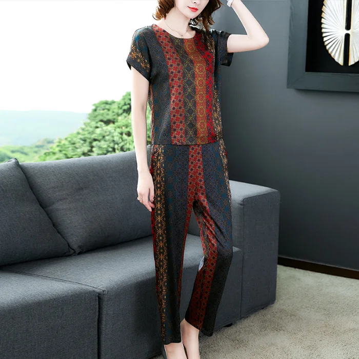 

Real Silk WOMEN'S Suit Two-Piece Set Elegant Large Size Fashion Middle-aged Mom Mulberry Silk Tops Capri Pants Summer 2019