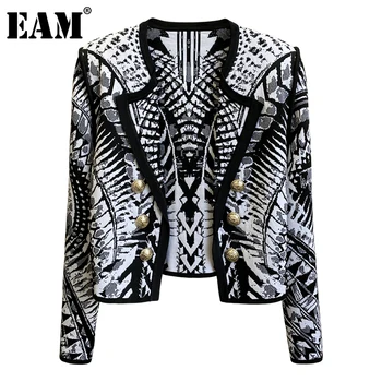 

[EAM] black Pattern Knitting Cardigan Sweater Loose Fit V-Neck Long Sleeve Women New Fashion Tide Autumn Winter 2020 1DA185