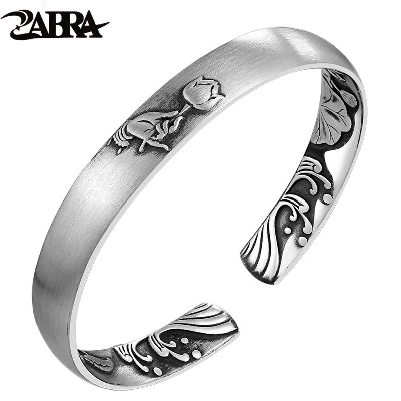 ZABRA Solid Pure 999 Sterling Silver 8mm Lotus Vintage Open Cuff Bracelet Women Guanyin Hand Trendy Rock Bangles Jewelry | Украшения и