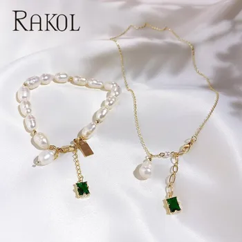 

Rakol Korean Green Natural Stone Pearl Pendant Gold Color Necklace for Women Personality Choker Clavicle Chain Jewelry PN412L